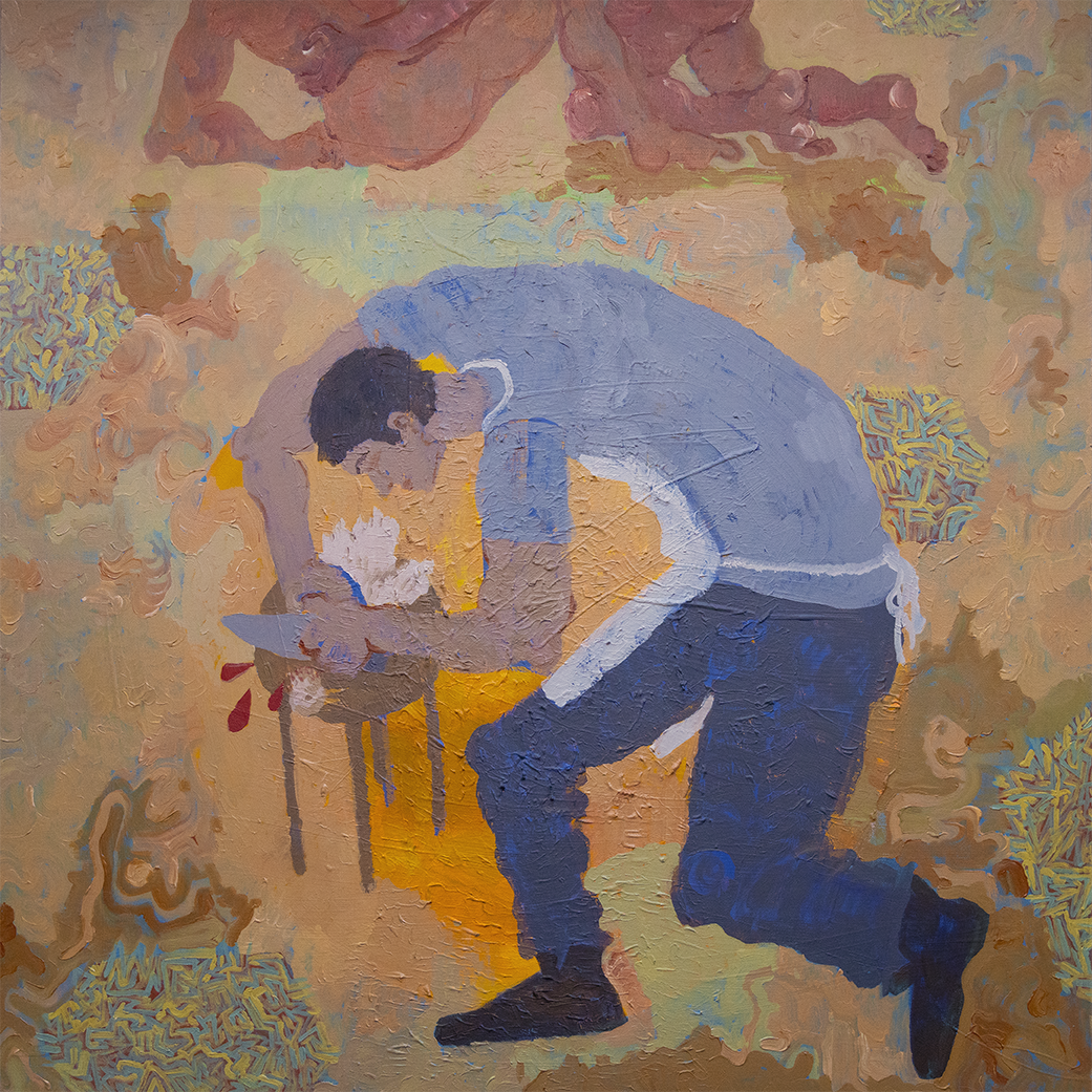 At the center is a butcher beheading a chicken. Above him is a couple having sex. They are surrounded by abstracted tumbleweeds.