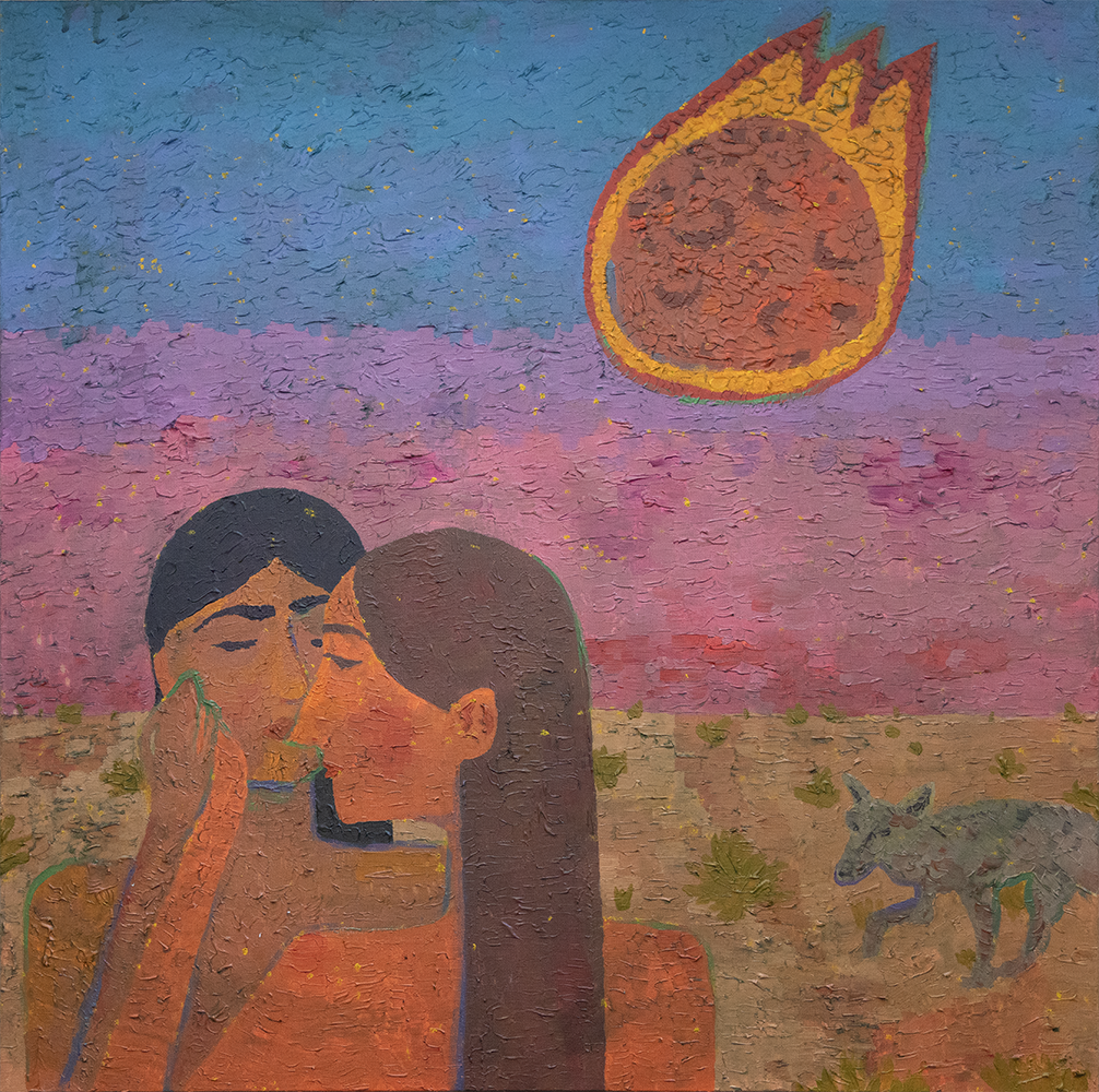 In the foreground is a couple embracing. Behind them , to the side, is a coyote stalking across a desert landscape. Above is a comet about to hit them all.