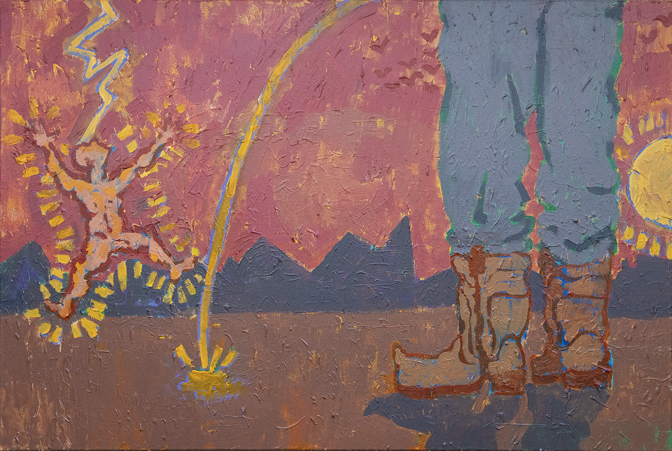 A desert with mountains, in the foreground is the bottom half of a man peeing, in jeans and cowboy boots. in the background is a naked man getting electrocuted.