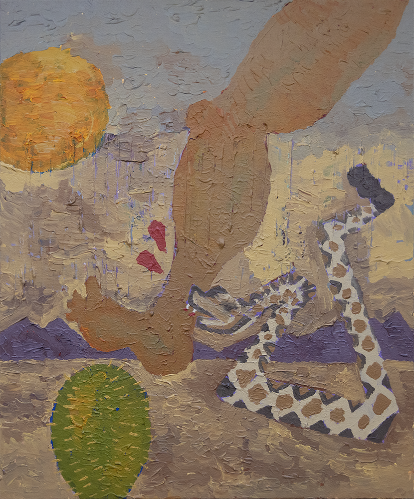 A bare leg in the desert is about to step on a prickly pear cactus while simultaneously being bit by a rattlesnake.